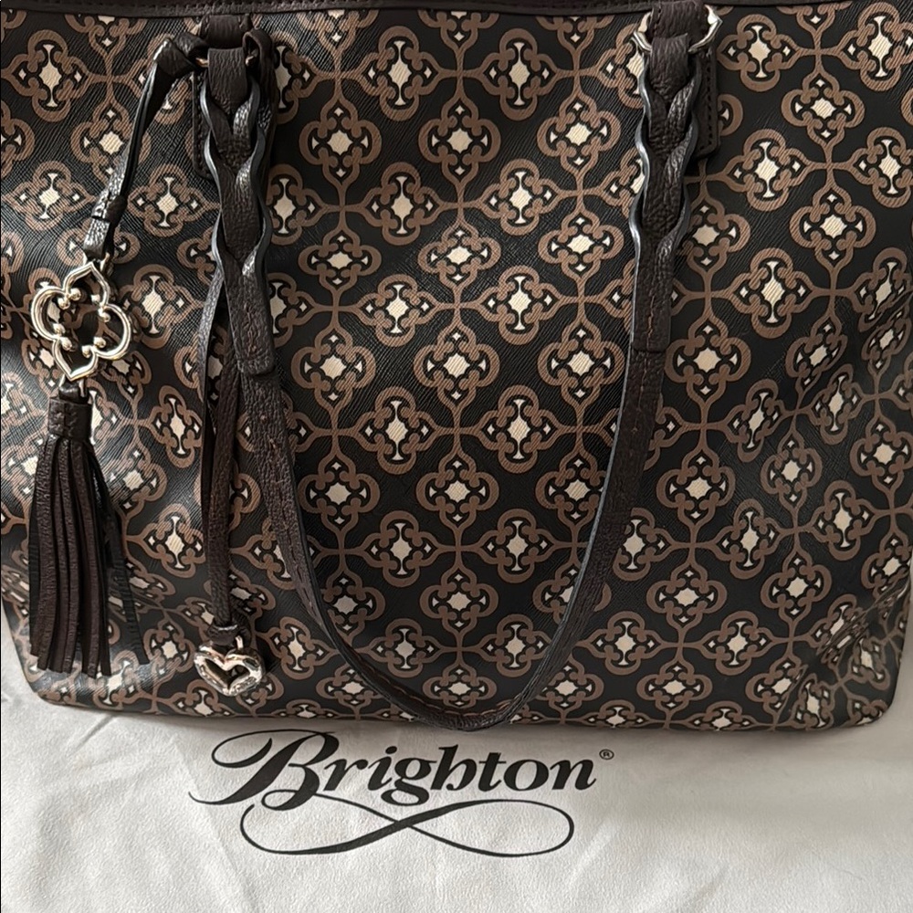 Brighton Brown Tote Bag with Monogram Pattern and Leather Trim